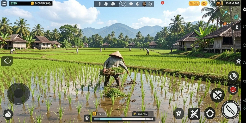 Tampilan gameplay menarik dari 77RP dengan suasana pertanian.