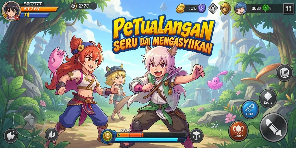 Screenshot utama ER777 menampilkan karakter anime dalam pertempuran seru.
