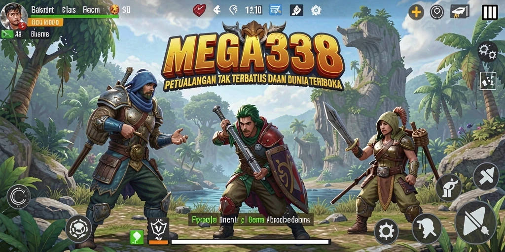 Tangkapan layar gameplay MEGA338 menunjukkan dunia Open World yang luas dan indah.