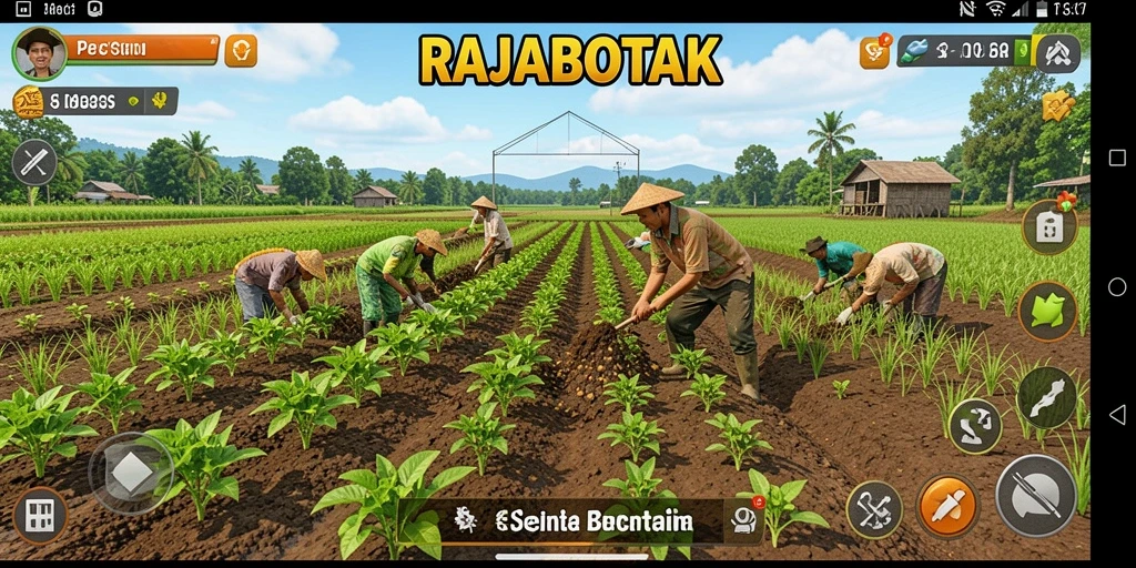 Tampilan gameplay RAJABOTAK dengan kebun yang subur dan warna-warni.