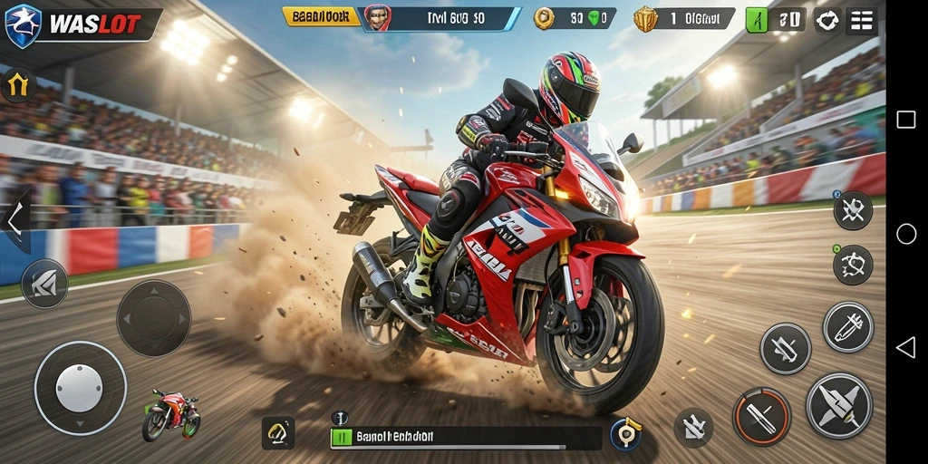 Gameplay balap motor yang seru dan kompetitif dalam WASLOT.